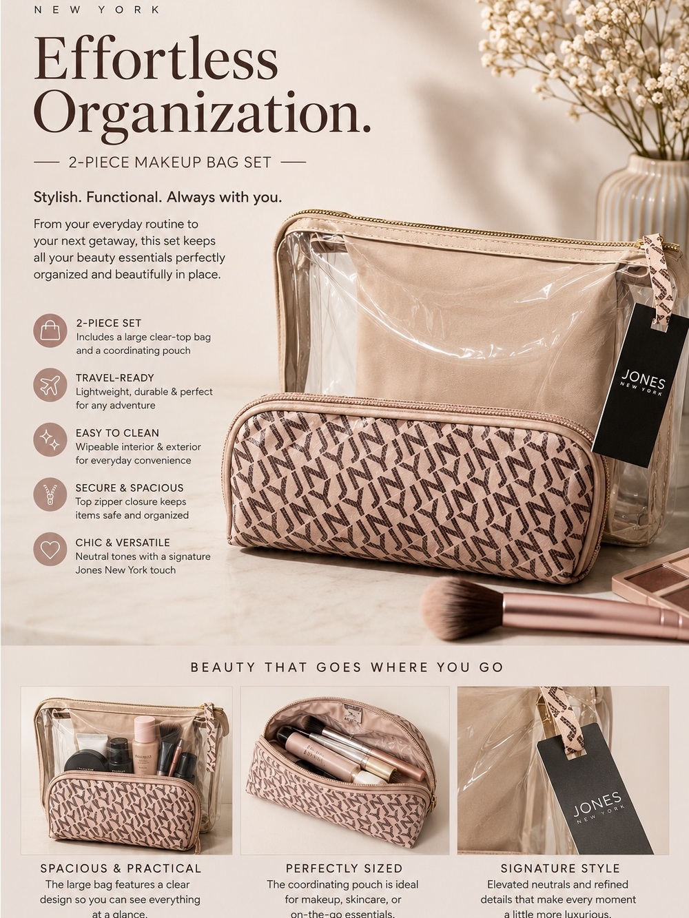 Jones New York Blush Patterned 2-Piece Makeup Organizer Set